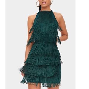 Prettylittlething emerald tassel halter bodycon